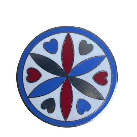 Vintage Pennsylvania Dutch Enamel Hex Pin Brooch Red Blue Hearts Star - Picture 1 of 7